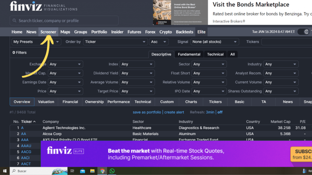 donde encontrar el screener en finviz