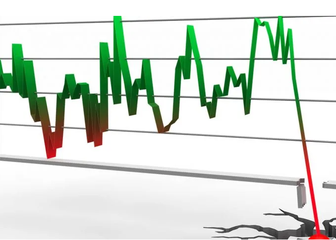 Gráfico financiero con desplome abrupto atravesando el suelo, simbolizando crisis económica