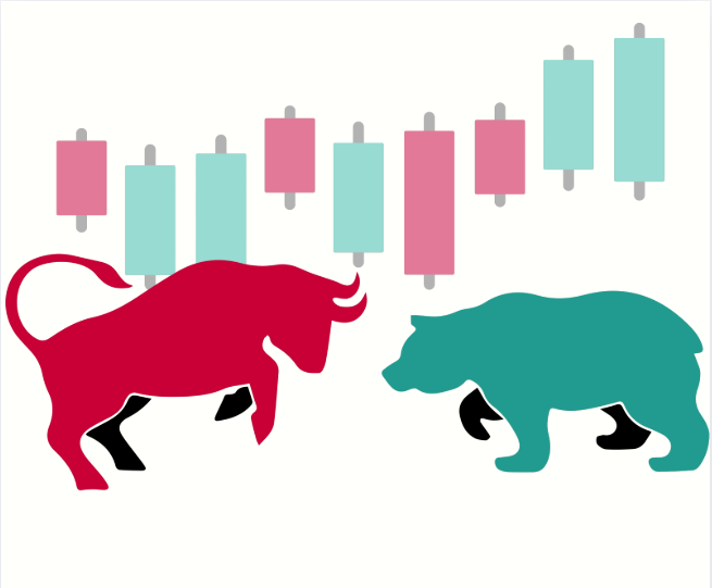 Ilustración toro y oso con velas japonesas en análisis técnico de mercado
