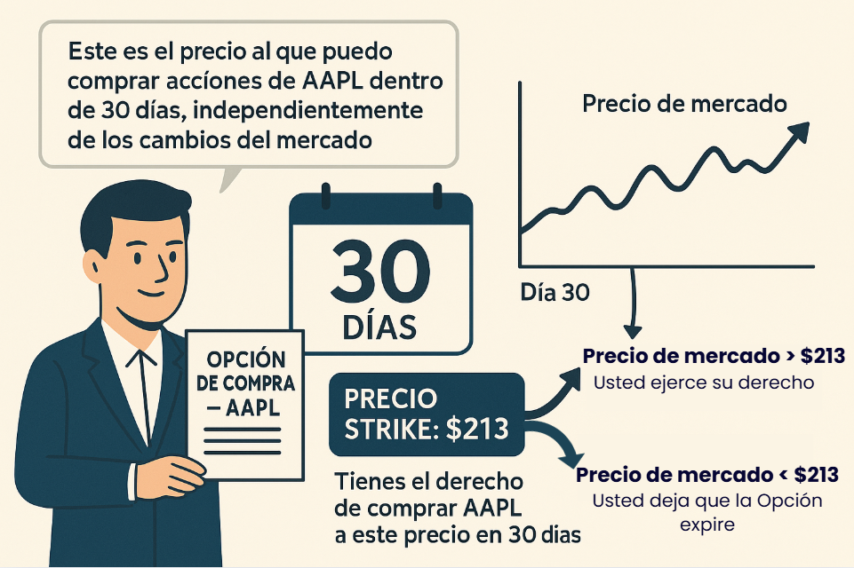 Explicación visual del funcionamiento de una opción de compra (call) sobre acciones de AAPL con precio strike de $213 y vencimiento en 30 días.