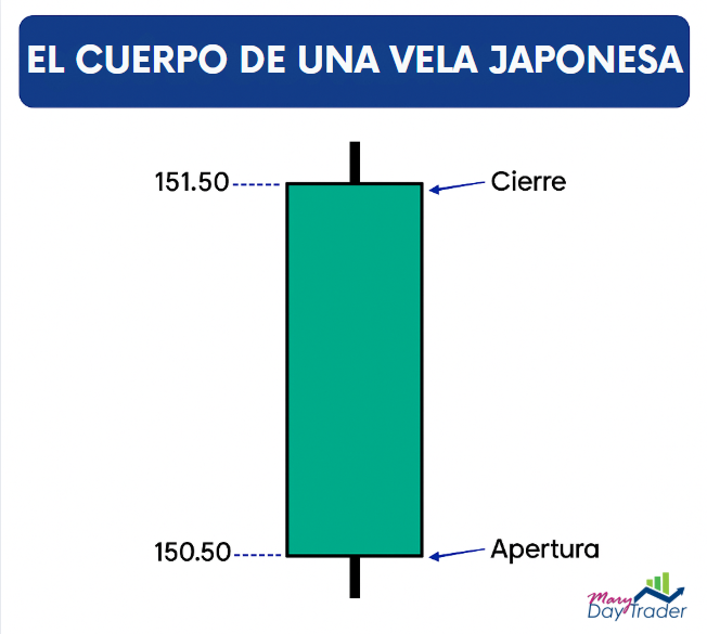 explicación del cuerpo de una vela japonesa con precios de apertura y cierre