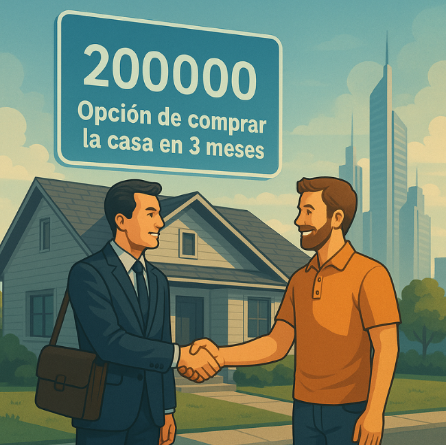 Ilustración de un acuerdo de opción de compra inmobiliaria entre dos personas, con derecho a comprar una casa en 3 meses por $200,000.