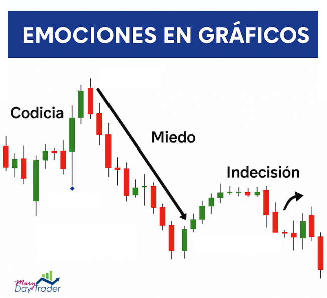Emociones en gráficos de trading: codicia, miedo e indecisión representadas en velas japonesas