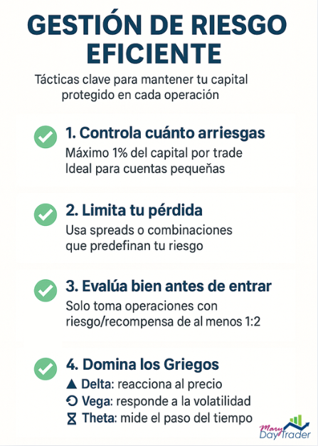 Infografía sobre gestión de riesgo eficiente en trading con consejos clave para proteger el capital