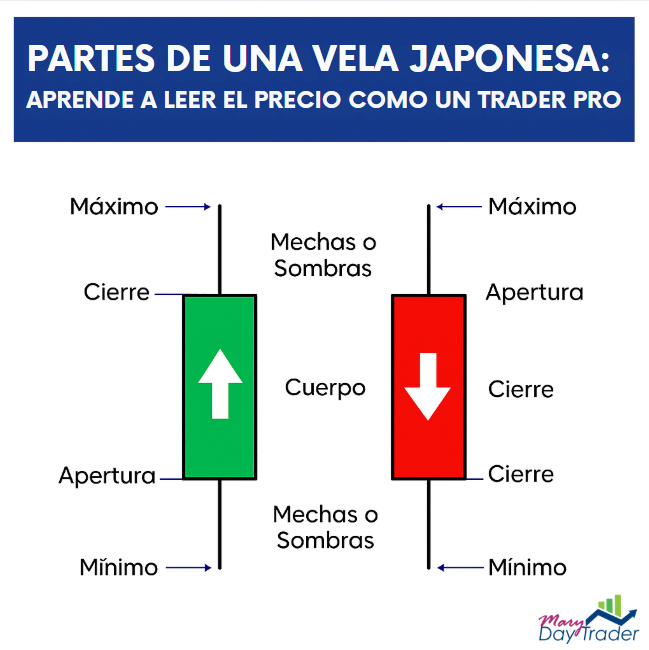 Aprende a interpretar el mercado con este esquema de velas japonesas: descubre qué representan el cuerpo, las mechas, la apertura y el cierre.