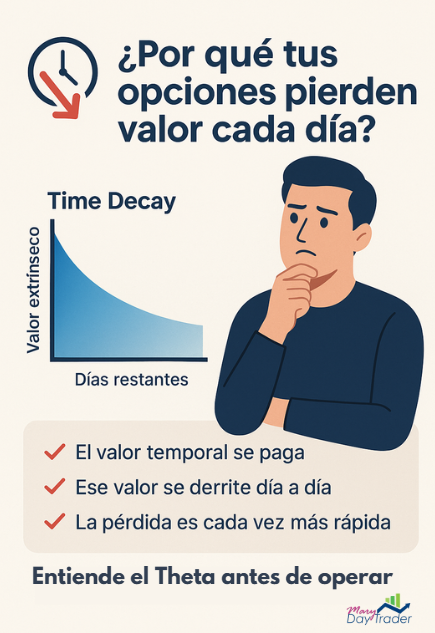 Gráfico explicativo sobre la pérdida de valor temporal en opciones financieras por el efecto del time decay