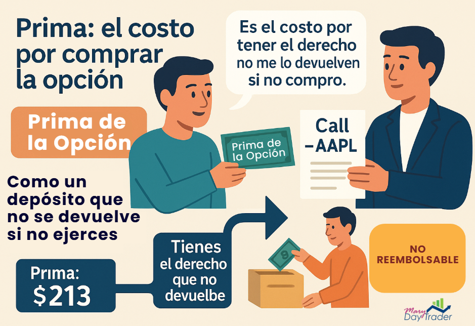 Infografía que explica el concepto de prima en una opción call sobre AAPL como un costo no reembolsable por el derecho a comprar.