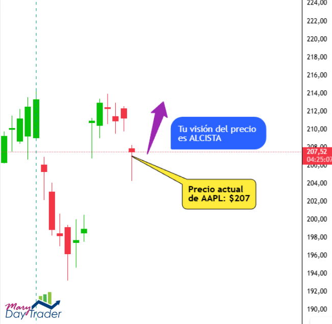 gráfico de AAPL con visión alcista desde el precio actual de 207 dólares