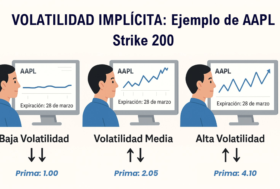 Comparativa visual de primas de opciones Call sobre AAPL con strike 200 según diferentes niveles de volatilidad implícita: baja, media y alta.