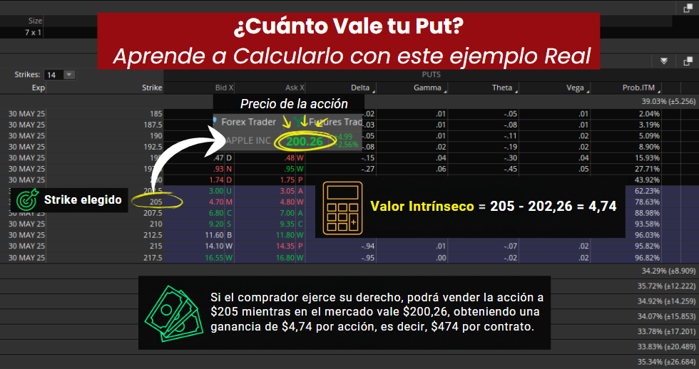 Cómo calcular el valor intrínseco de una opción put con ejemplo real