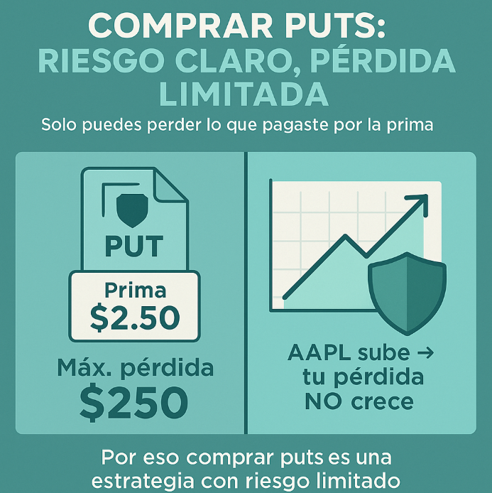 Infografía explicativa sobre el riesgo limitado al comprar opciones put en bolsa.