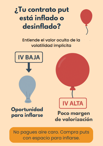 contrato put inflado o desinflado explicado con globos y volatilidad implícita alta y baja