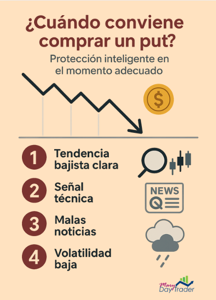 cuándo comprar un put en trading con señales de tendencia bajista, noticias y volatilidad
