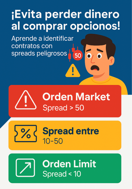 Cómo evitar perder dinero al comprar opciones analizando el spread y el tipo de orden: Market o Limit.