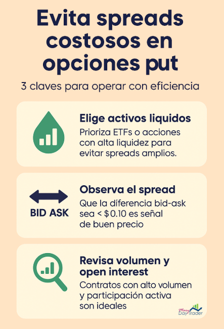 Consejos para evitar spreads costosos en opciones put mediante activos líquidos, spreads ajustados y alto volumen.