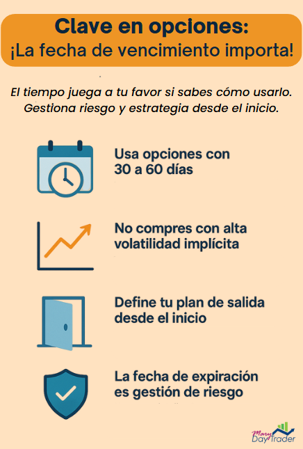 Infografía sobre la importancia de la fecha de vencimiento en opciones financieras y gestión de riesgo.