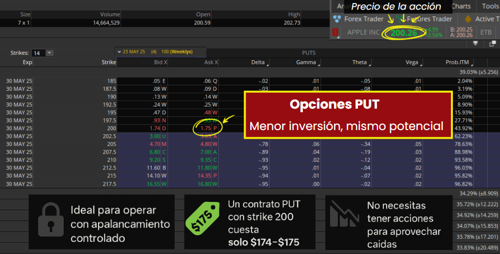 Opciones put de Apple con strike 200, precio 175 dólares y vencimiento el 23 de mayo.