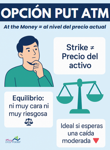 Explicación visual de opción put ATM con equilibrio entre costo y riesgo en mercados bajistas