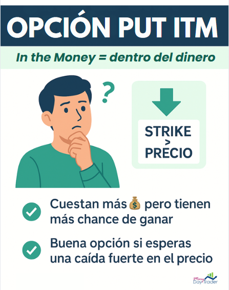 Explicación visual de opción put ITM y sus ventajas en escenarios de caída de precio