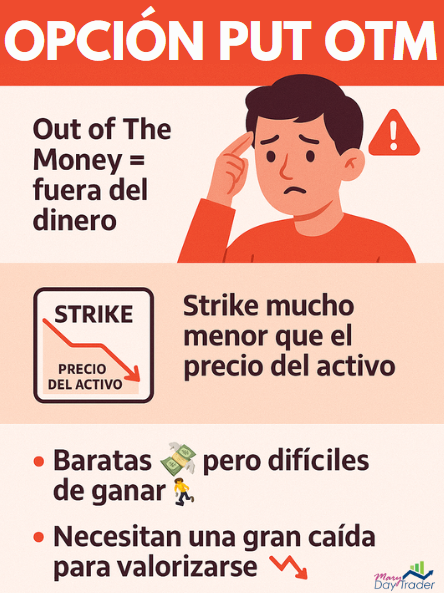 Explicación de opción put OTM con bajo costo y alta dificultad de ganancia en trading de opciones