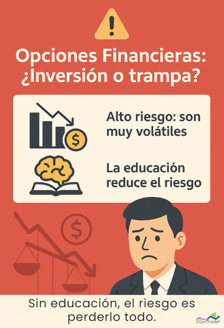 Gráfico educativo sobre el riesgo de las opciones financieras y la importancia de la educación financiera.