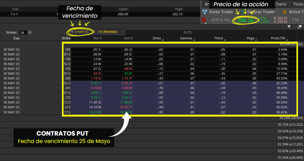 Contratos put de acciones Apple con vencimiento el 25 de mayo y precio actual de 200.26 USD.