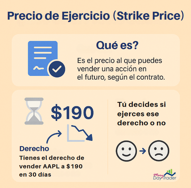 Explicación visual del precio de ejercicio o strike price en opciones sobre acciones