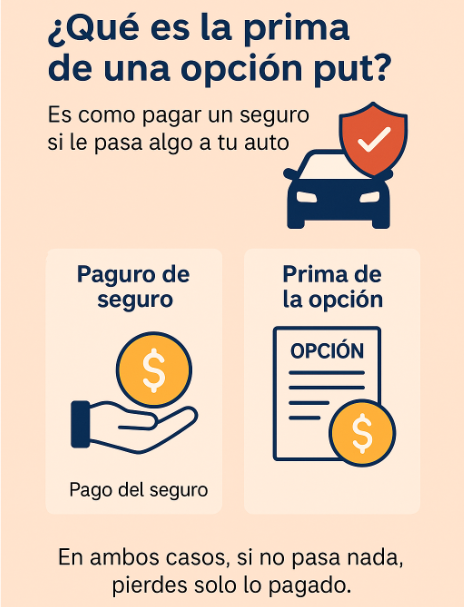 Explicación visual de la prima en una opción Put comparada con un seguro de auto