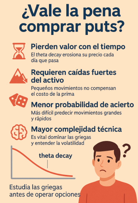 Desventajas de comprar puts en opciones financieras y factores de riesgo como theta decay