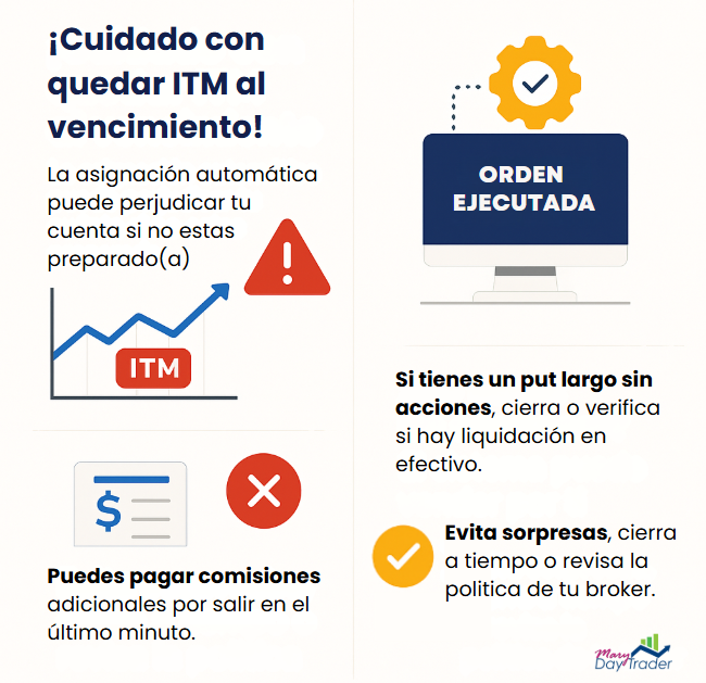Advertencia sobre quedar ITM en opciones financieras al vencimiento y sus riesgos.