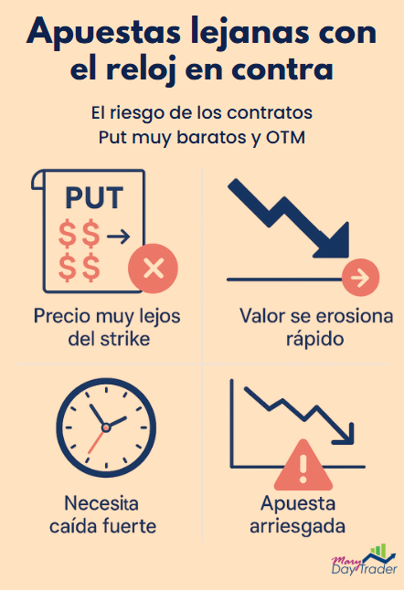 Infografía sobre los riesgos de comprar contratos put baratos y fuera del dinero en trading