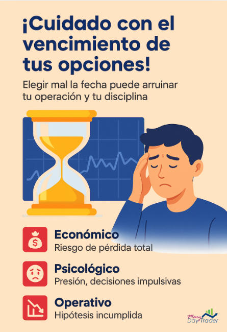Importancia de elegir bien la fecha de vencimiento en opciones para evitar riesgos económicos, psicológicos y operativos.