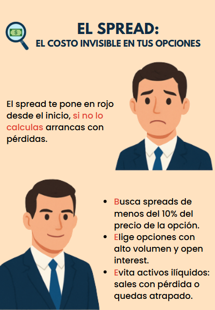 infografía educativa sobre el spread en opciones y cómo reducir pérdidas en trading