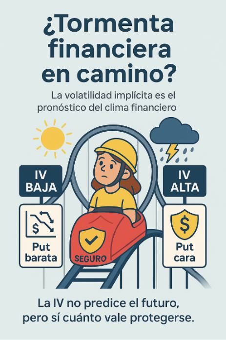 Infografía sobre volatilidad implícita en opciones financieras con comparación entre iv baja y alta
