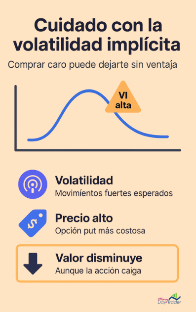 Advertencia sobre volatilidad implícita en opciones financieras con precios altos y riesgo de pérdida
